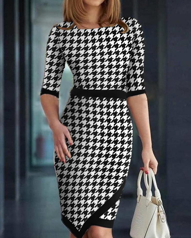 Women's Houndstooth Printing Color Contrast Dress - Elite Essence Store