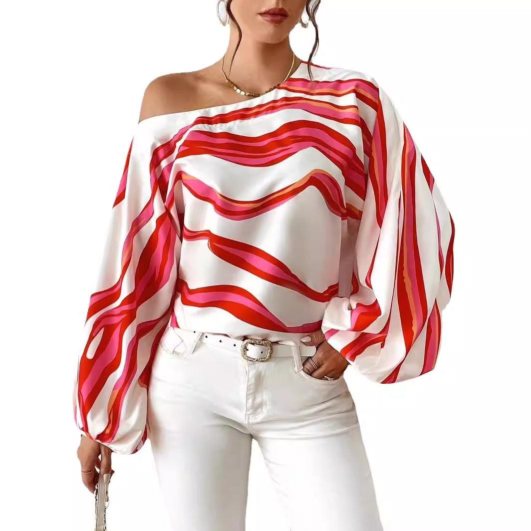 Off-neck Printed Loose-fitting Women's Shirt - Elite Essence Store