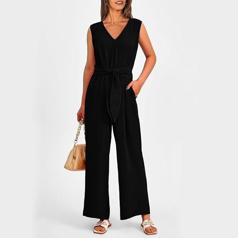 New V-neck Sleeveless Long Jumpsuit With Pockets And Lace-up Design Wide-leg Straight Trousers Summer Womens Clothing - Elite Essence Store