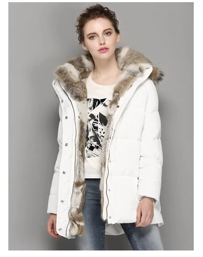 High-end Rabbit Fur Eiderdown Outerwear Mid-length Padded Coat Women