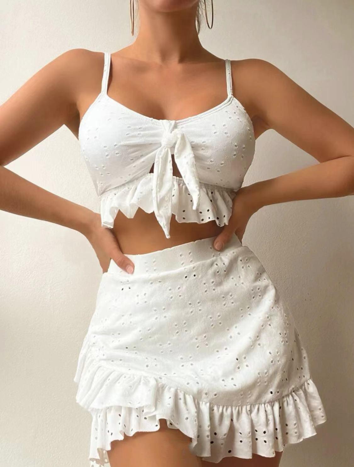 3pcs Beach Bikini With Hip-hugging Skirt Fashion Ruffle Design Swimsuit Set Summer Womens Clothing - Elite Essence Store