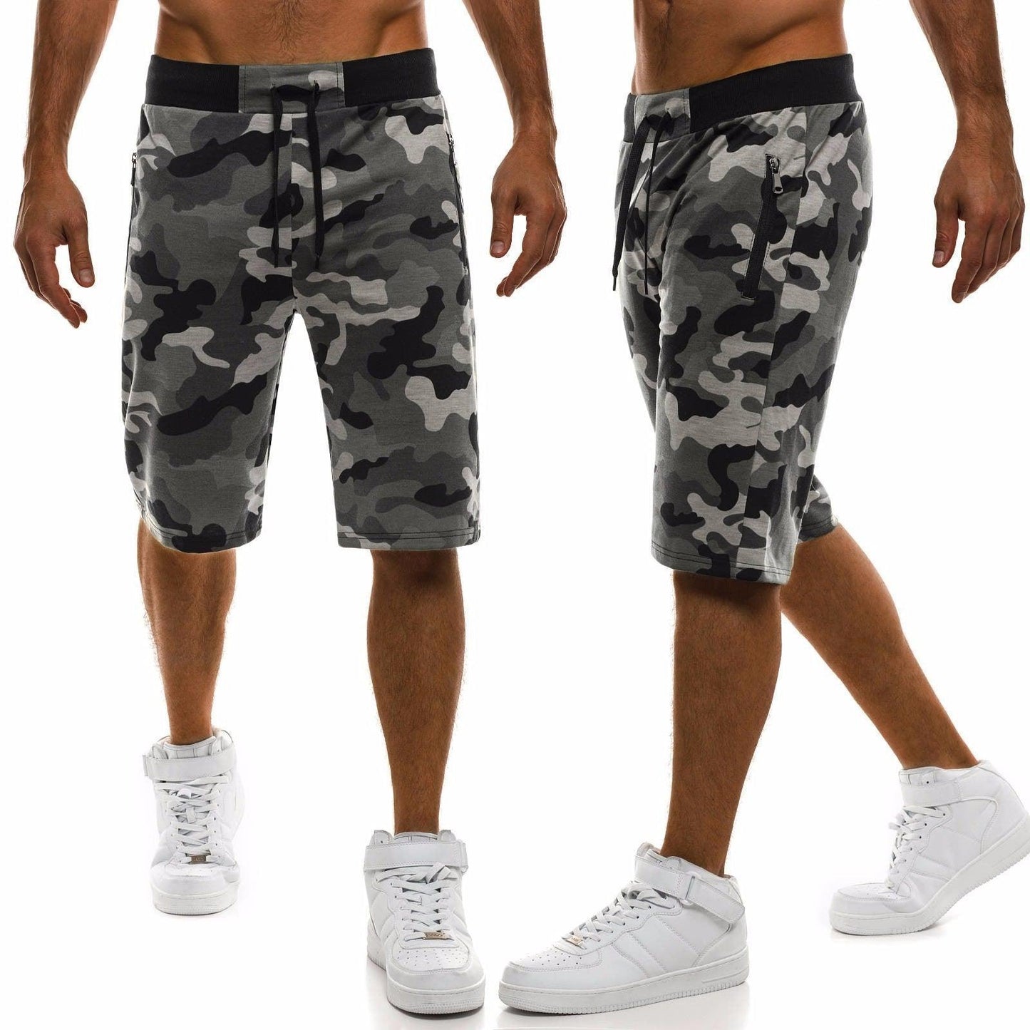 Shorts Sports Fitness Five-Point Pants Tether Zipper Shorts Straight Camouflage Beach Pants Men - Elite Essence Store