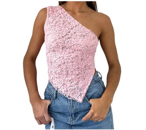 Ins Lace Backless Top Summer Solid Color Waistless Asymmetrical Sloped Neck Vest Streetwear Womens Clothes - Elite Essence Store