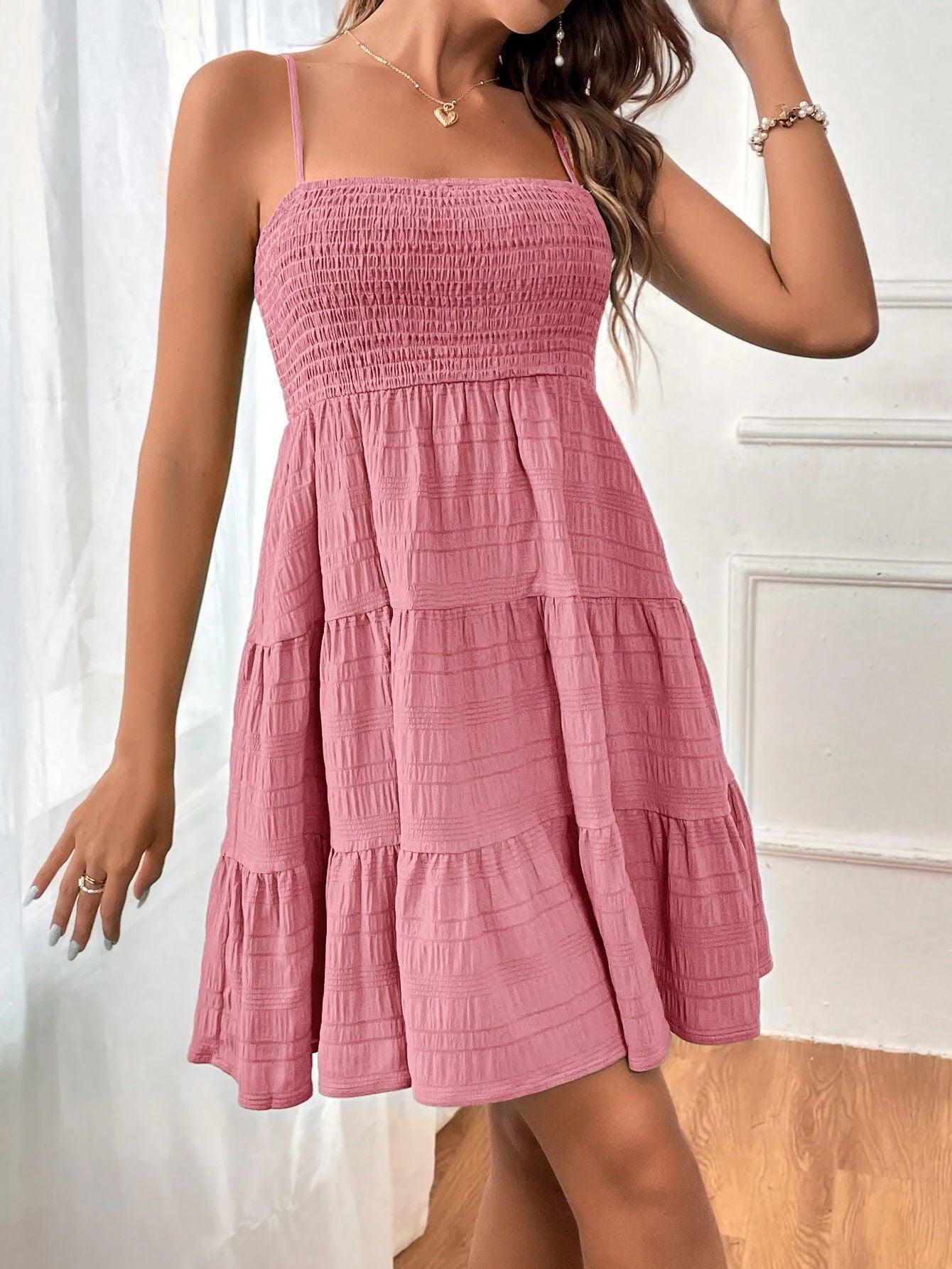 Summer Square-collar Suspender Pleated Dress Fashion Solid Color Beach Dresses For Womens Clothing - Elite Essence Store