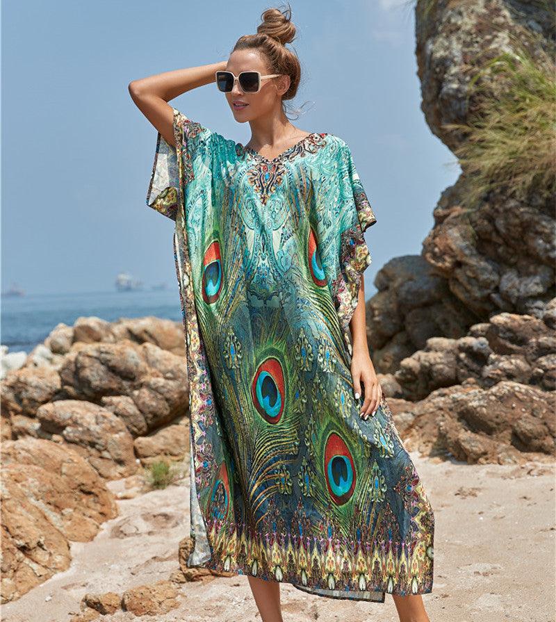 Polyester National Wind Positioning Printed Beach Smock Robe Type Sunscreen Shirt Holiday Dress - Elite Essence Store