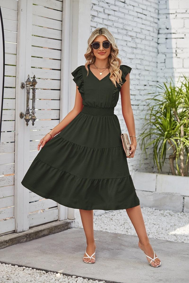 New Ruffled Sleeveless V-Neck Dress Summer Fashion Elastic Waist A-Line Dresses For Womens Clothing - Elite Essence Store