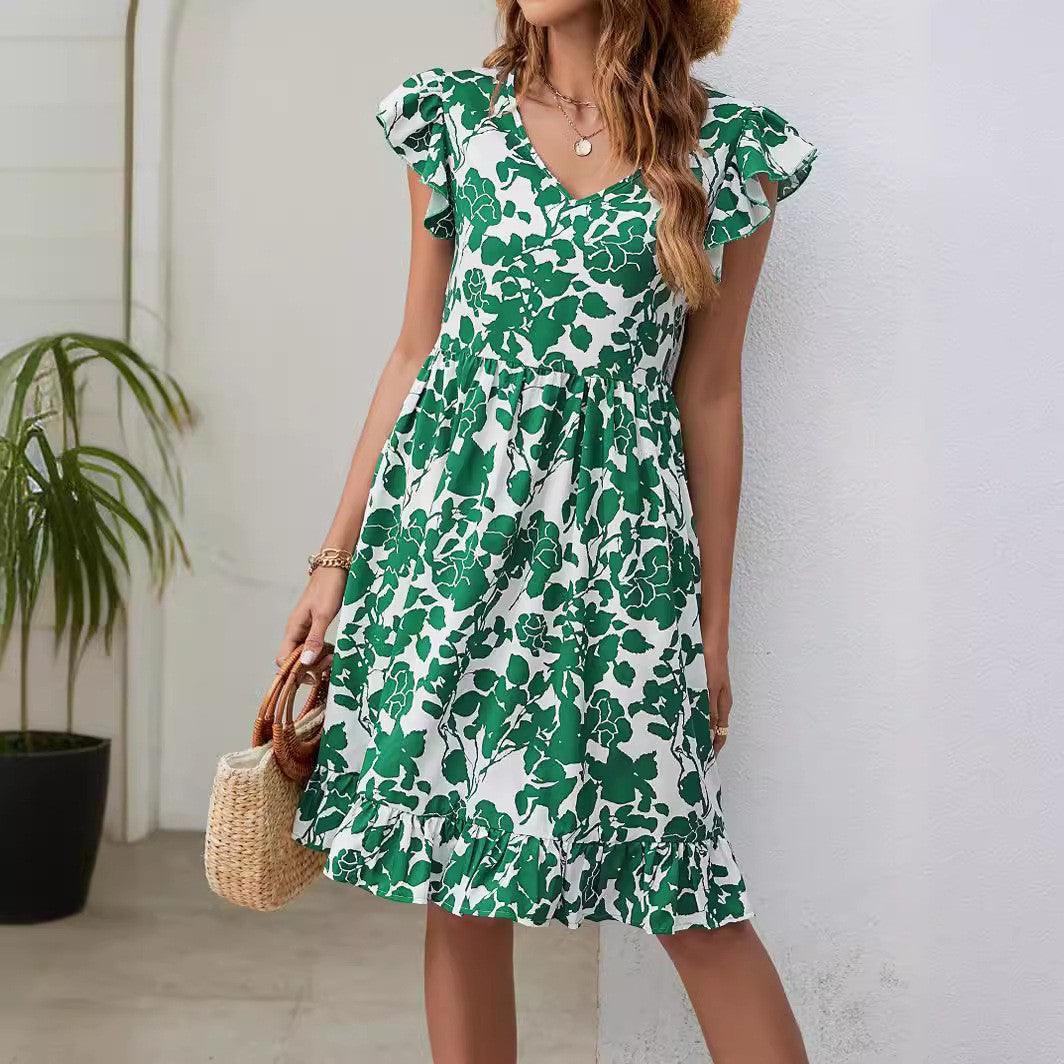 Leaf Print Dress Summer V-neck Ruffled Sleeveless A-Line Dresses Fashion Casual Holiday Beach Dress For Womens Clothing - Elite Essence Store