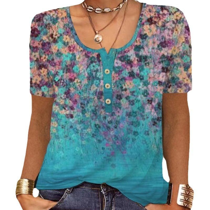 Summer Loose Short Sleeves Geometric Floral U-neck Button T-shirt - Elite Essence Store