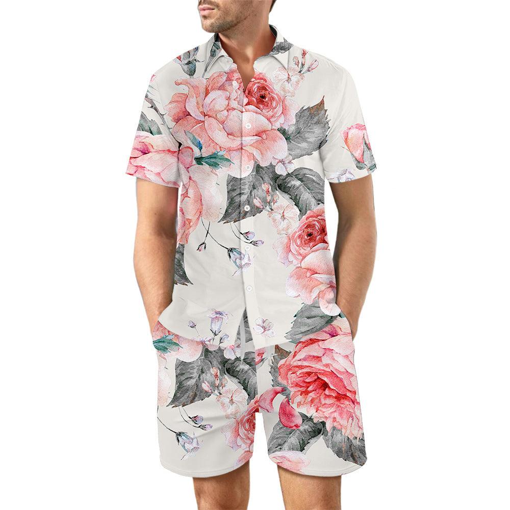 2Pcs Printed Beach Shirt Summer Suit Loose Lapel Button Top And Drawstring Pockets Shorts Casual Short Sleeve Suits For Men Clothing - Elite Essence Store