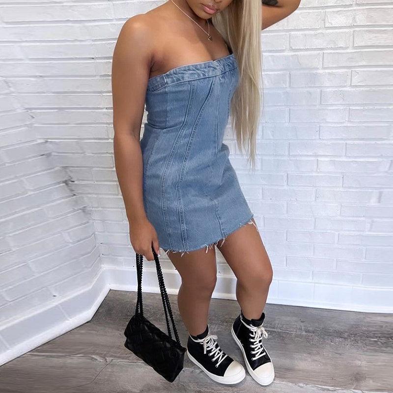 Fashion Backless Tube Denim Dress Summer Sexy Y2K Slim Short Dresses For Women Clothing - Elite Essence Store