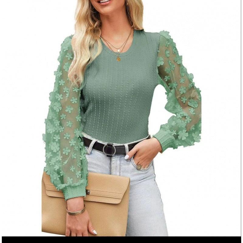 Women's Mesh Small Flower Chiffon Shirt Summer Round Neck Long Sleeve Top - Elite Essence Store