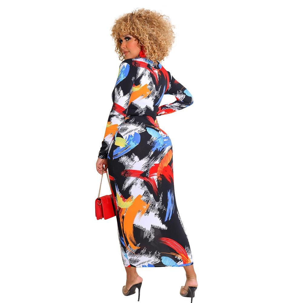 Printed Zipper Double-sided Long Sleeve Dress - Elite Essence Store