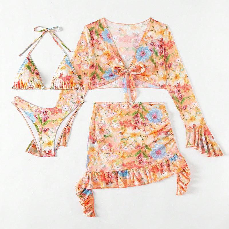 New European And American Printing Stylish Beach Dress Bikini Four-piece Suit - Elite Essence Store