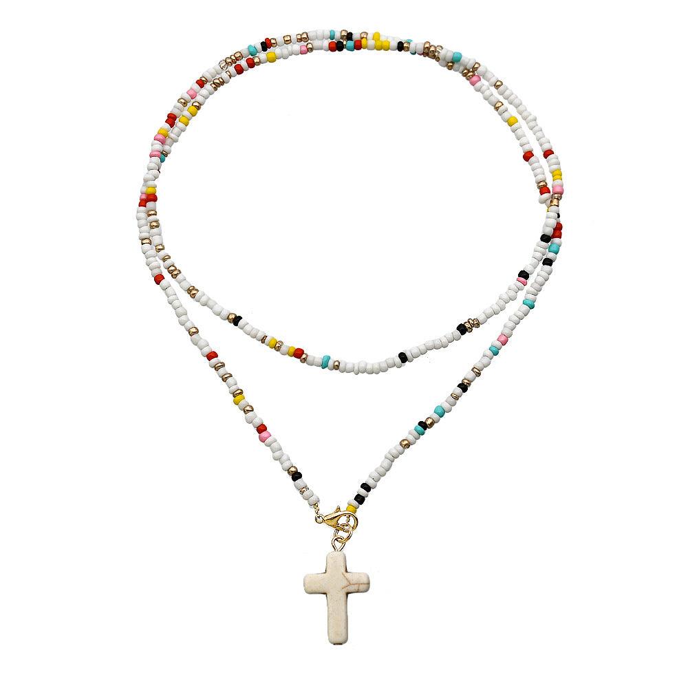 Handmade Color Small Rice-shaped Beads Long Double-layer Shell Cross Pendant Necklace - Elite Essence Store