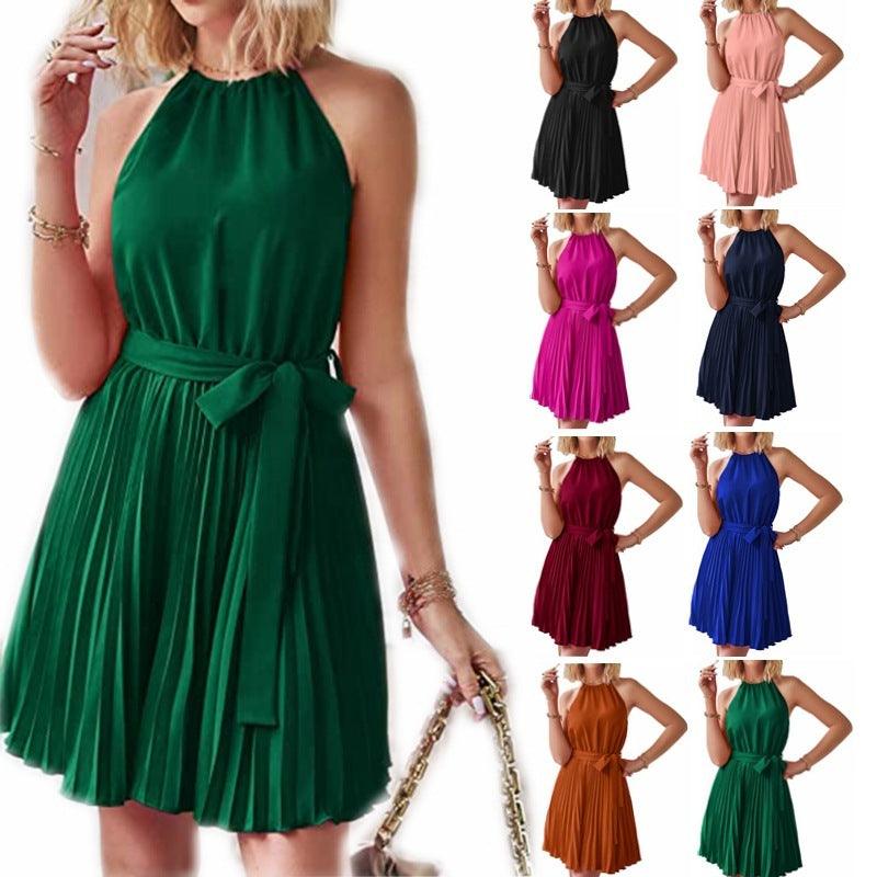 Halter Strapless Dresses For Women Solid Pleated Skirt Summer Beach Sundress - Elite Essence Store