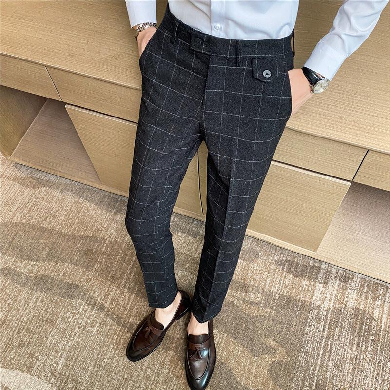 Korean Style British Classic Checkered Elegant Slim Fit Men's Best Man Pencil Pants Suit Pants - Elite Essence Store