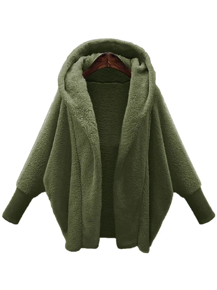 European And American Women's Clothing Solid Color Long Sleeve Hooded Loose Plush Coat