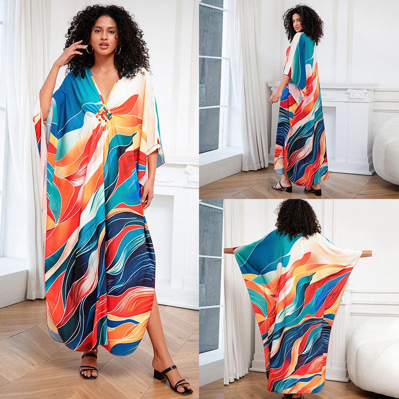 Print Holiday Loose Plus Size Robe Beach Cover-up Dress - Elite Essence Store