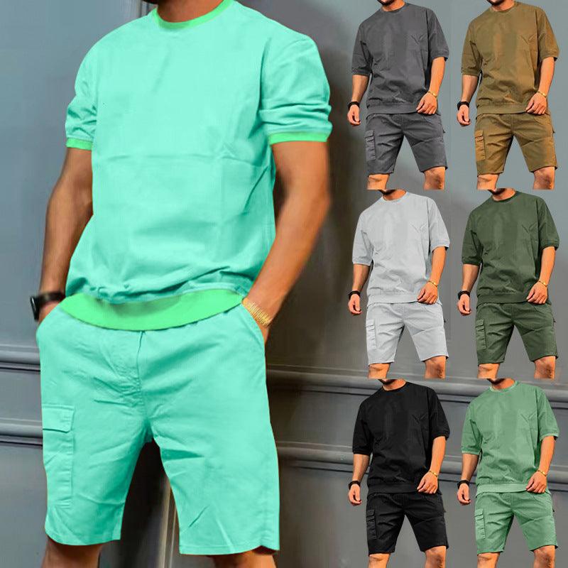 Men's Sports Suits Summer Round Neck Short-sleeved Top And Multi-pocket Shorts Casual Trendy 2pcs Set Clothing - Elite Essence Store