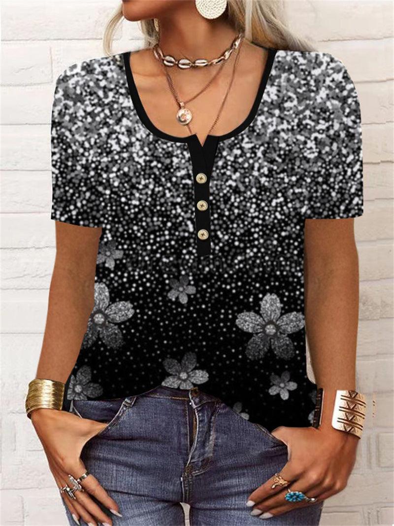 Summer Loose Short Sleeves Geometric Floral U-neck Button T-shirt - Elite Essence Store