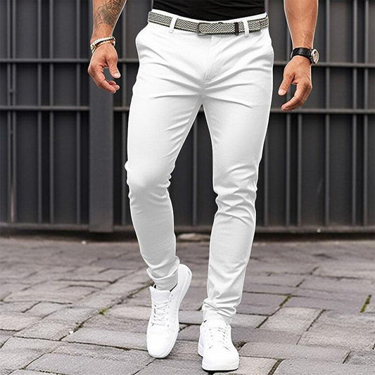 Men's Pure Color Tight Pocket Zipper Business Casual Slim-fitting Trousers - Elite Essence Store