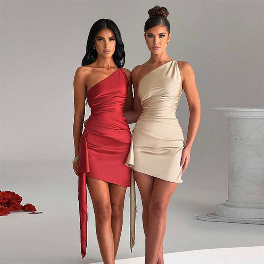 One-shoulder Sleeveless Mini Dress Sexy Slim Backless Skirt Party Wedding Dresses Womens Clothing - Elite Essence Store