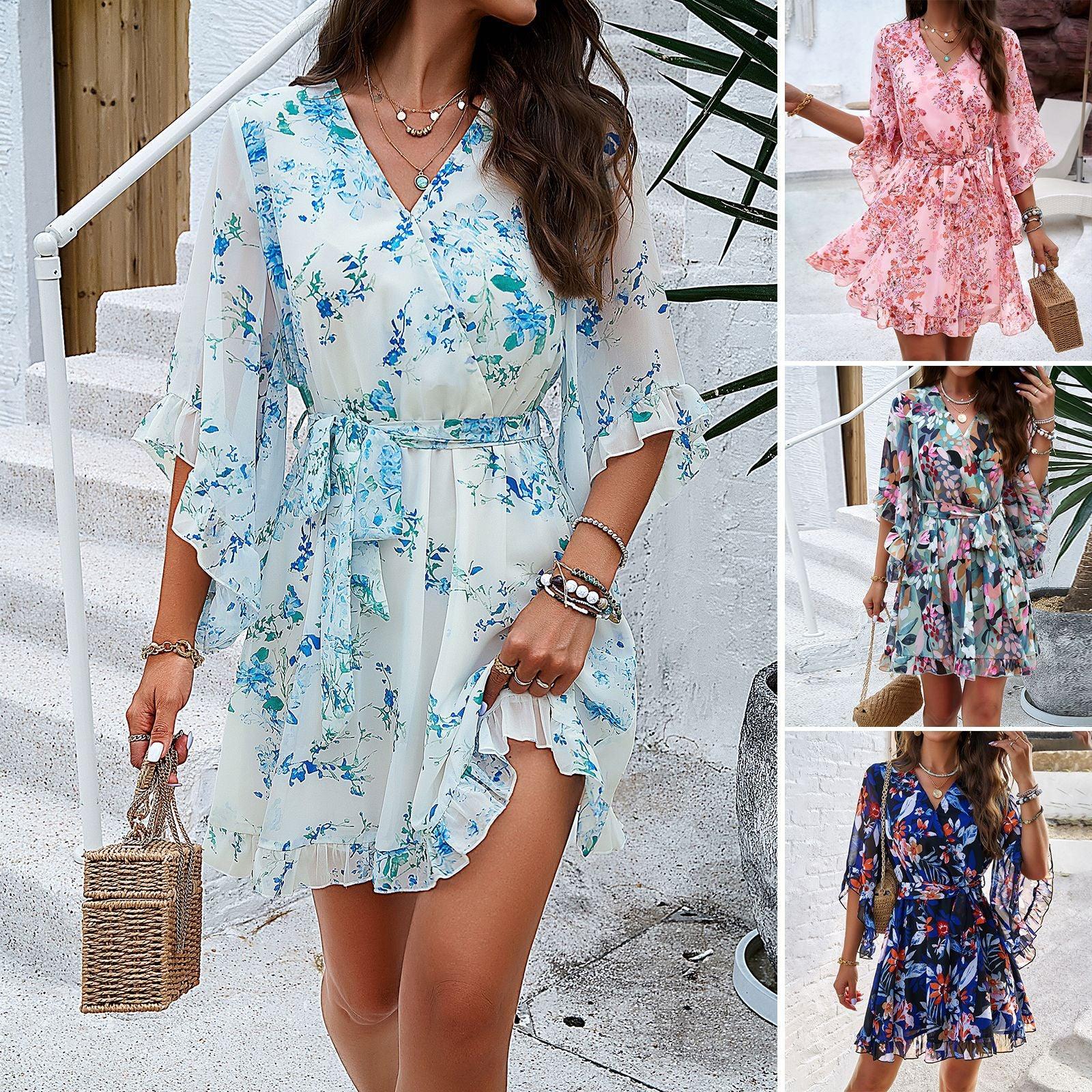 Summer Floral Print Short Sleeves Dress Lace Up Ruffles Design Fashion V-neck Short Dresses Womens Clothing - Elite Essence Store