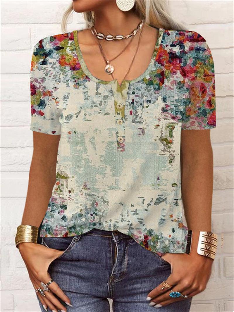 Summer Loose Short Sleeves Geometric Floral U-neck Button T-shirt - Elite Essence Store