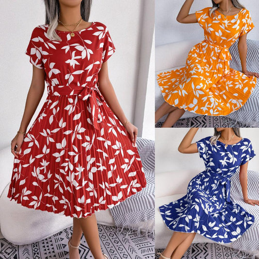 Leaf Print Dress Women Short Sleeve Lace-up Skirt Summer Beach Dress - Elite Essence Store