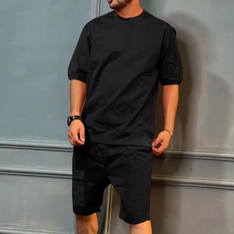 Men's Sports Suits Summer Round Neck Short-sleeved Top And Multi-pocket Shorts Casual Trendy 2pcs Set Clothing - Elite Essence Store