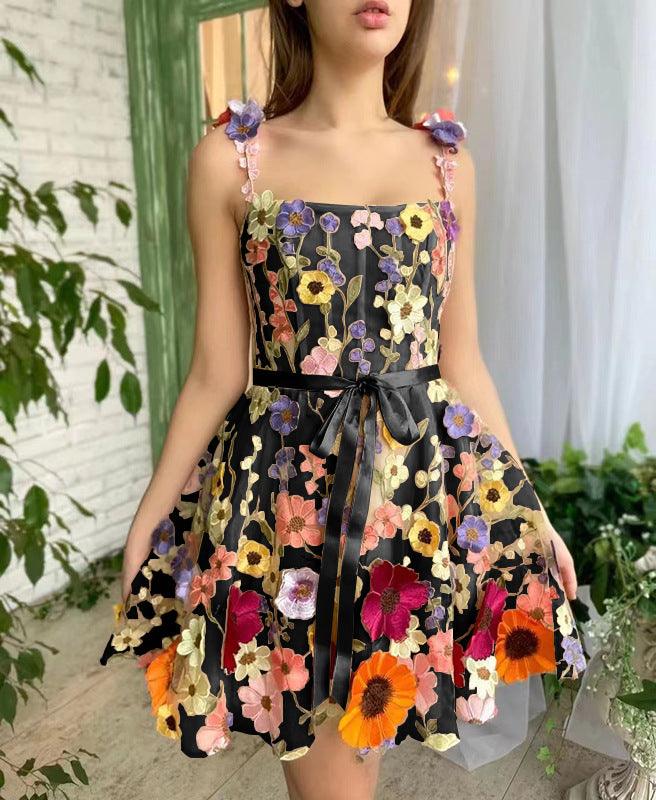 Three-dimensional Flower Embroidery Dress Summer Fashion Sweet A-line Suspender Dresses For Womens Clothing - Elite Essence Store