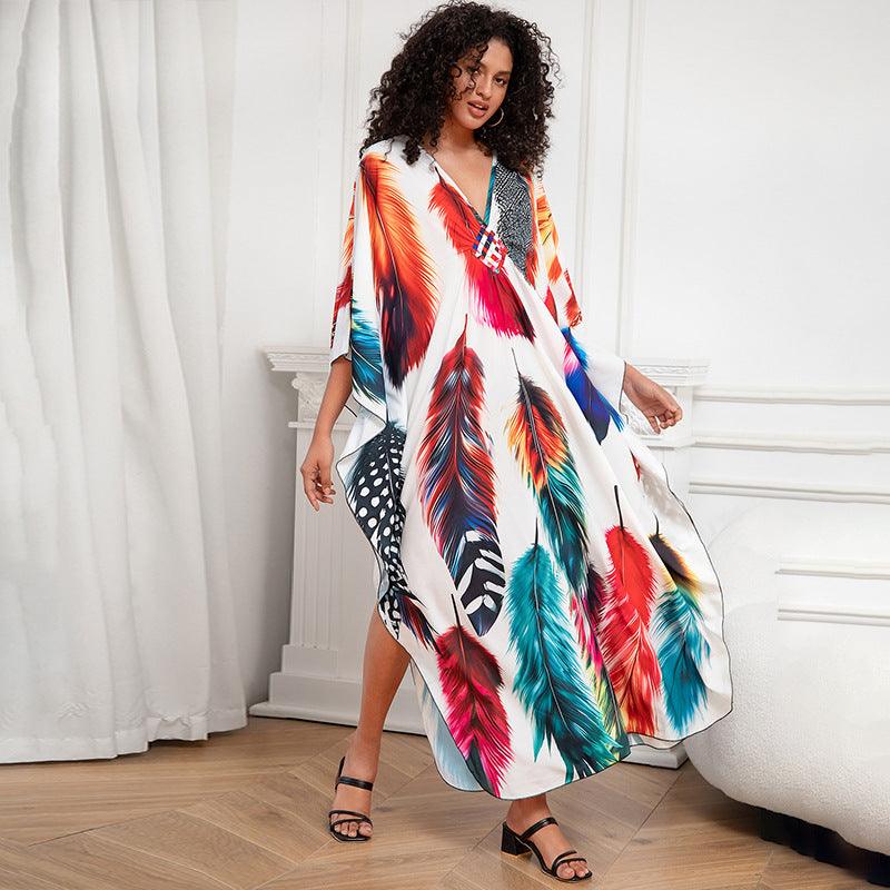 Print Holiday Loose Plus Size Robe Beach Cover-up Dress - Elite Essence Store