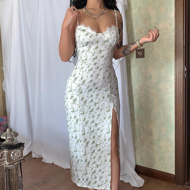 Lace Flowers Print Long Dress Sexy Fashion Slit Suspender Dress Summer Womens Clothing - Elite Essence Store