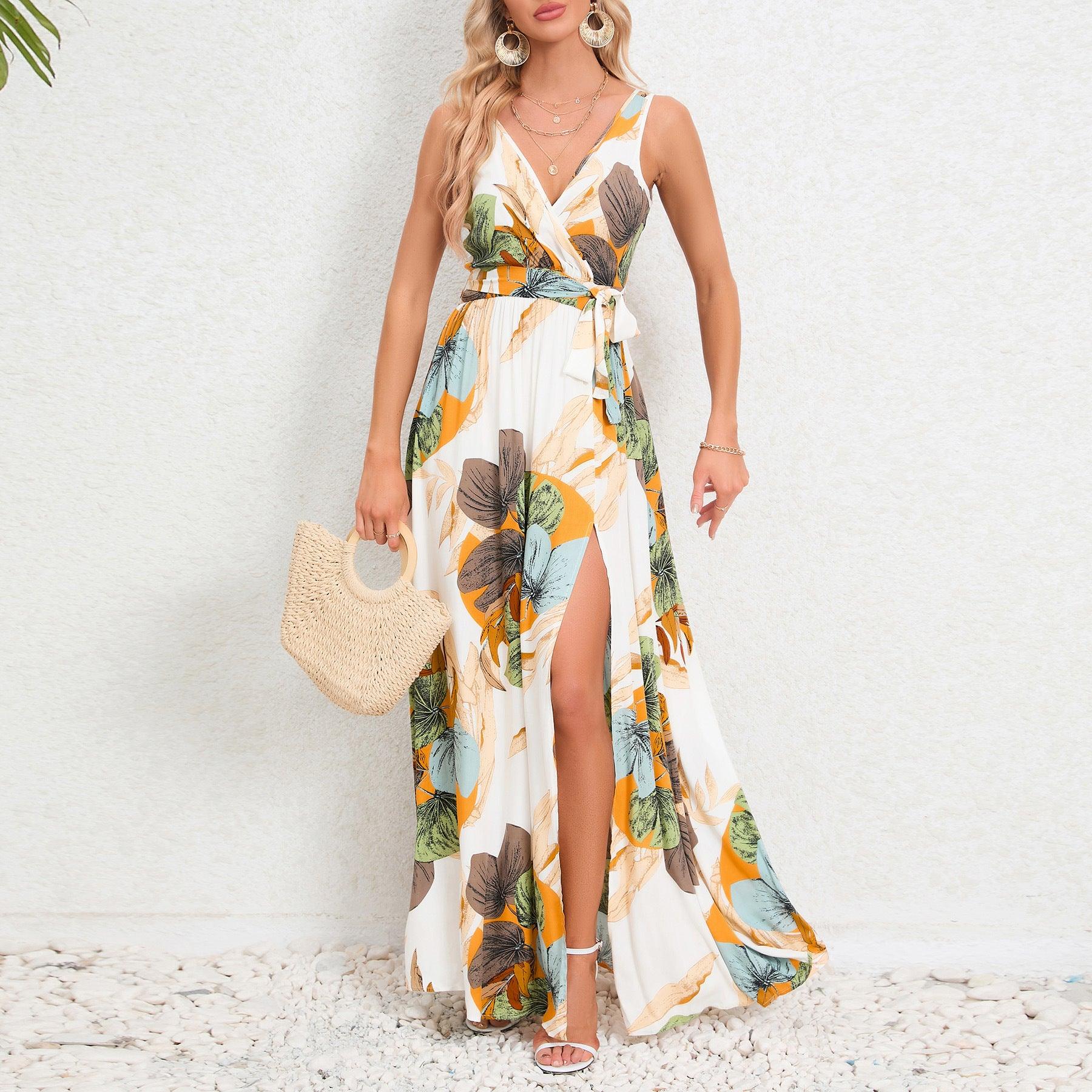 V-neck Floral Print Long Dress Summer Fashion Waist Tie Slit Design Sleeveless Dress For Womens Clothing - Elite Essence Store