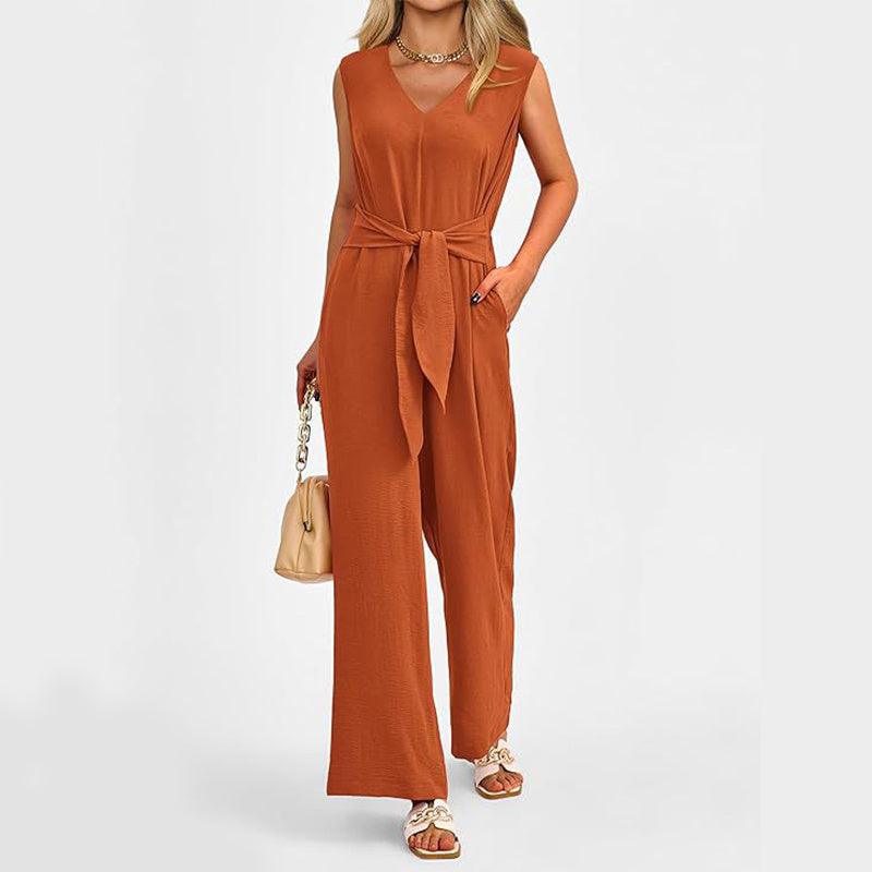 New V-neck Sleeveless Long Jumpsuit With Pockets And Lace-up Design Wide-leg Straight Trousers Summer Womens Clothing - Elite Essence Store