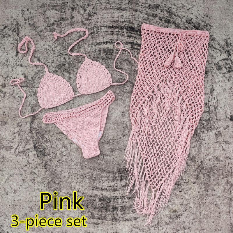 3-piece European And American Handmade Crochet Bikini Beach Skirt Swimsuit Suit - Elite Essence Store