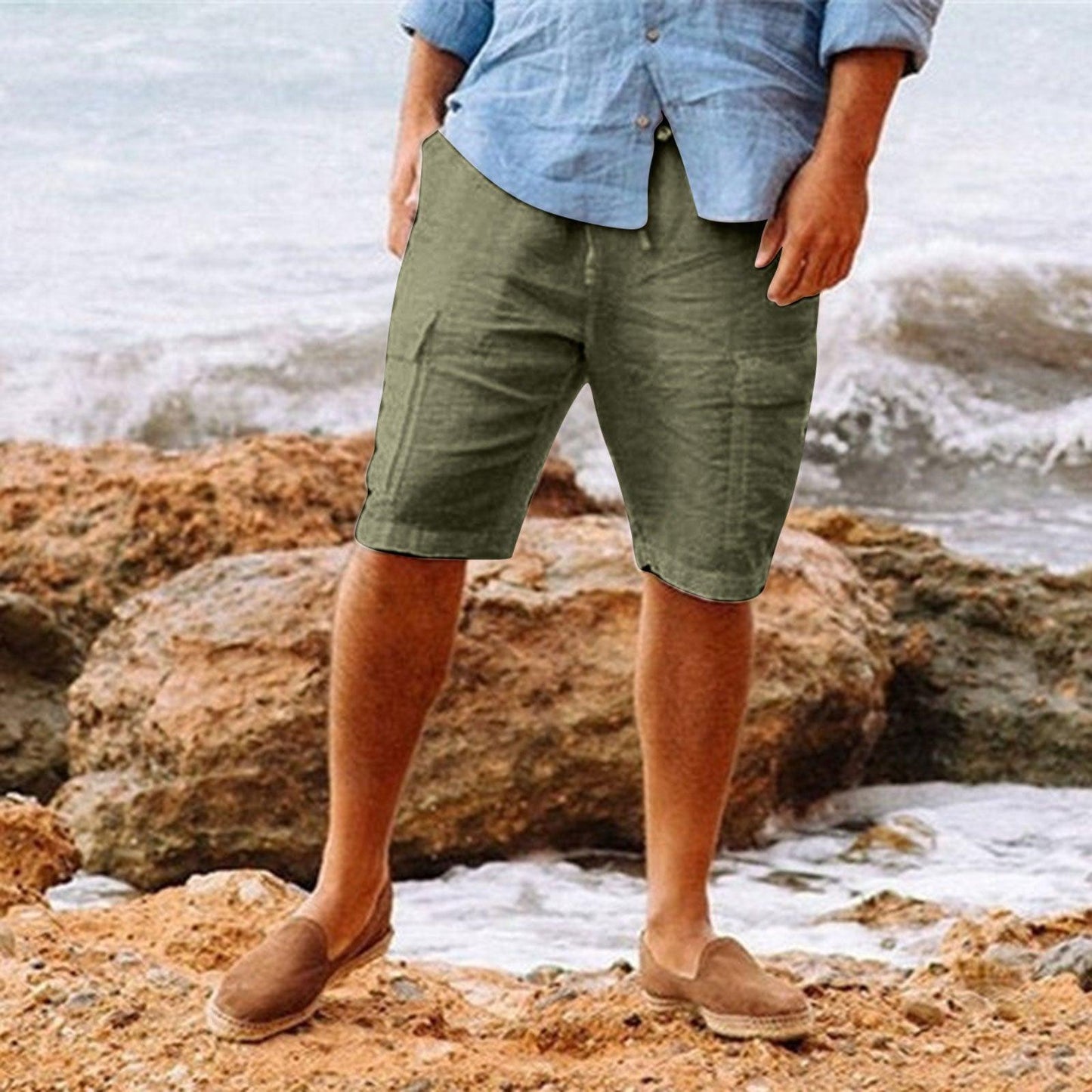 Men's Casual Vacation Beach Hawaiian Cotton Linen Multi-pocket Workwear Shorts - Elite Essence Store