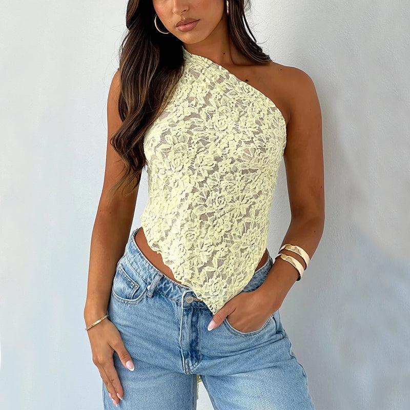 Ins Lace Backless Top Summer Solid Color Waistless Asymmetrical Sloped Neck Vest Streetwear Womens Clothes - Elite Essence Store
