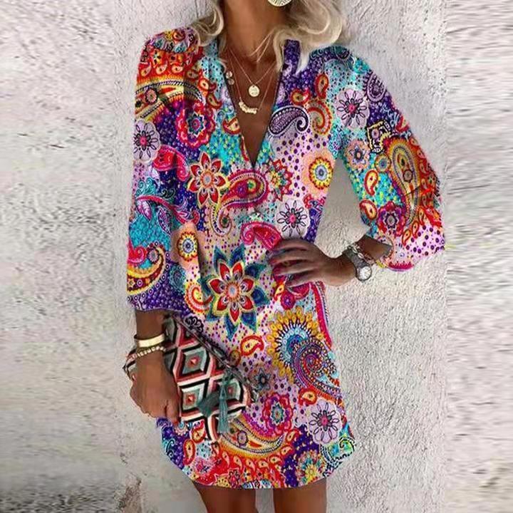 Summer V-neck Hanging Long Sleeve Printed Beach Bohemian Style Short Loose Dress Women - Elite Essence Store