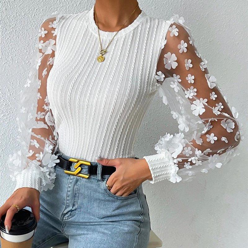 Women's Mesh Small Flower Chiffon Shirt Summer Round Neck Long Sleeve Top - Elite Essence Store