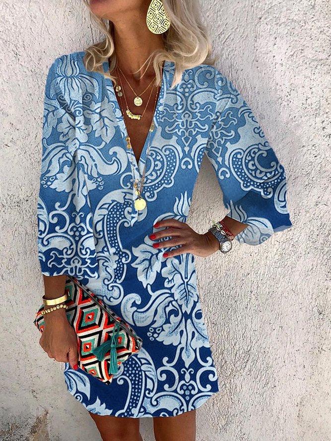 Summer V-neck Hanging Long Sleeve Printed Beach Bohemian Style Short Loose Dress Women - Elite Essence Store