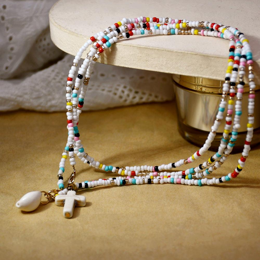 Handmade Color Small Rice-shaped Beads Long Double-layer Shell Cross Pendant Necklace - Elite Essence Store