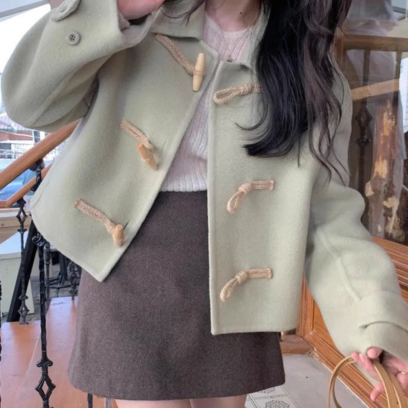 Retro Elegant Lapel Horn Button Woolen Coat