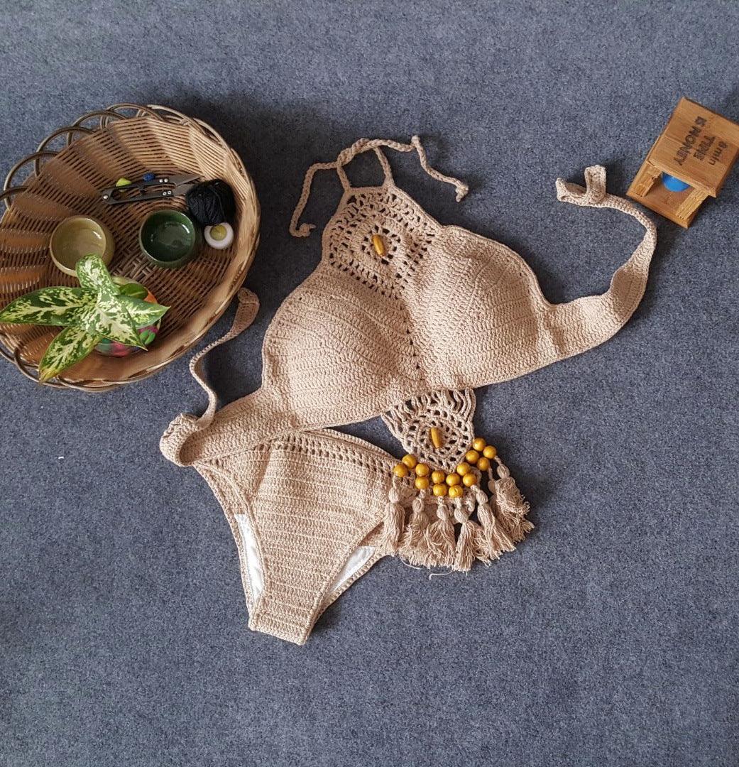 European And American New Women's Swimsuit Suit Beach Sunshine Bath Foreign Trade Handmade Crochet Tassel Split Bikini - Elite Essence Store