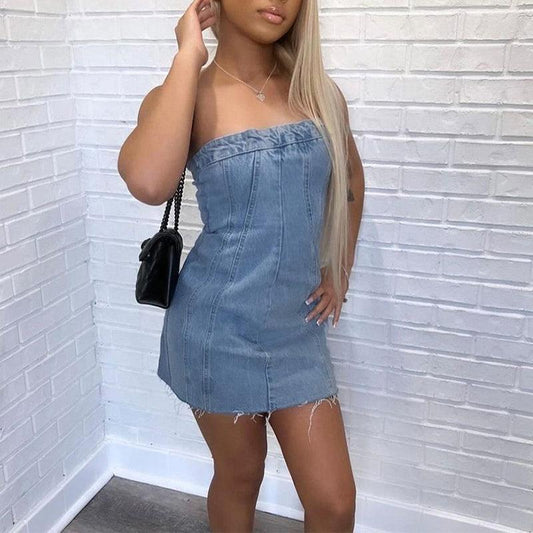 Fashion Backless Tube Denim Dress Summer Sexy Y2K Slim Short Dresses For Women Clothing - Elite Essence Store