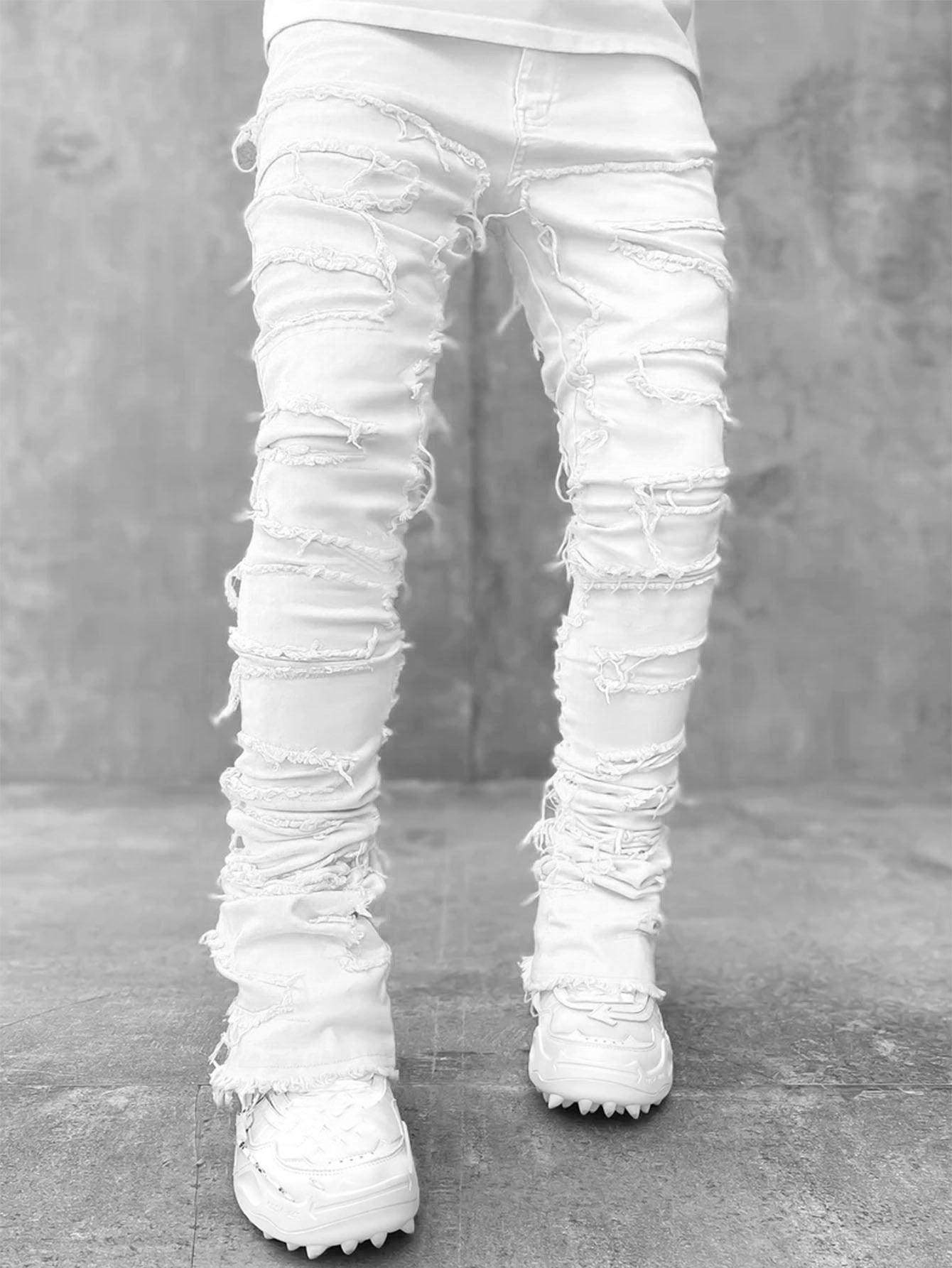 Men Trousers Individual Patched Pants Long Tight Fit Stacked Jeans For Mens Clothing - Elite Essence Store