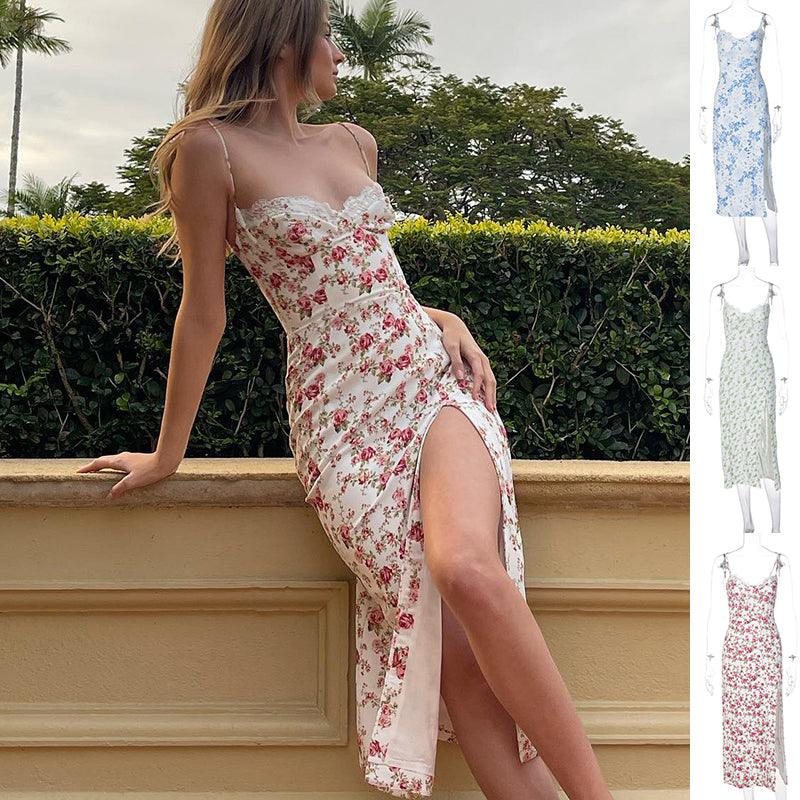 Lace Flowers Print Long Dress Sexy Fashion Slit Suspender Dress Summer Womens Clothing - Elite Essence Store