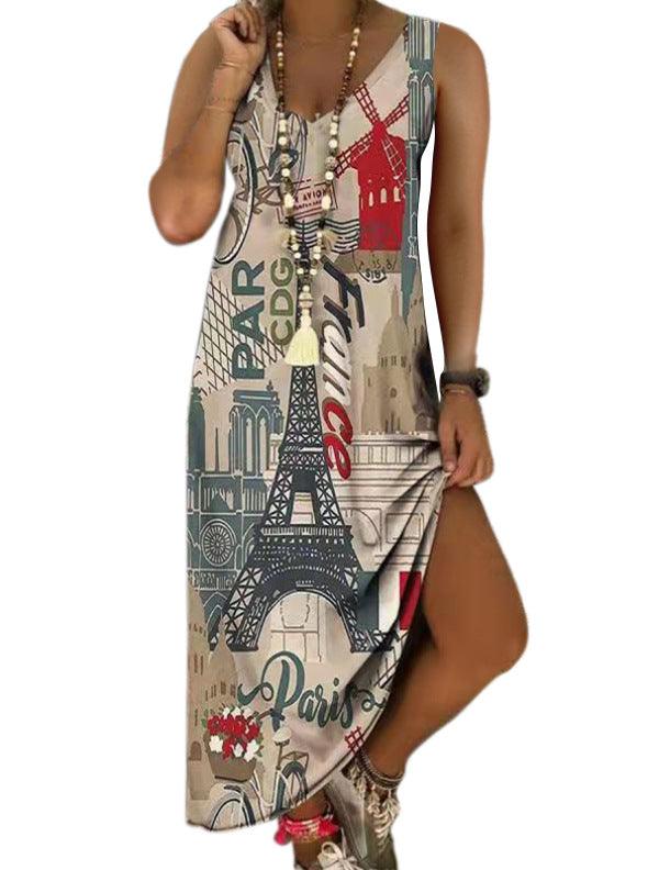 V-Neck Printed Sleeveless Long Jumpsuit Casual Beach Dress - Elite Essence Store