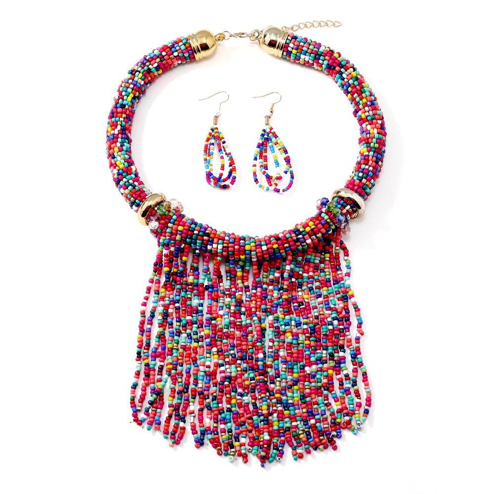 Ethnic Style Tassel Bead Necklace And Earrings Suite - Elite Essence Store