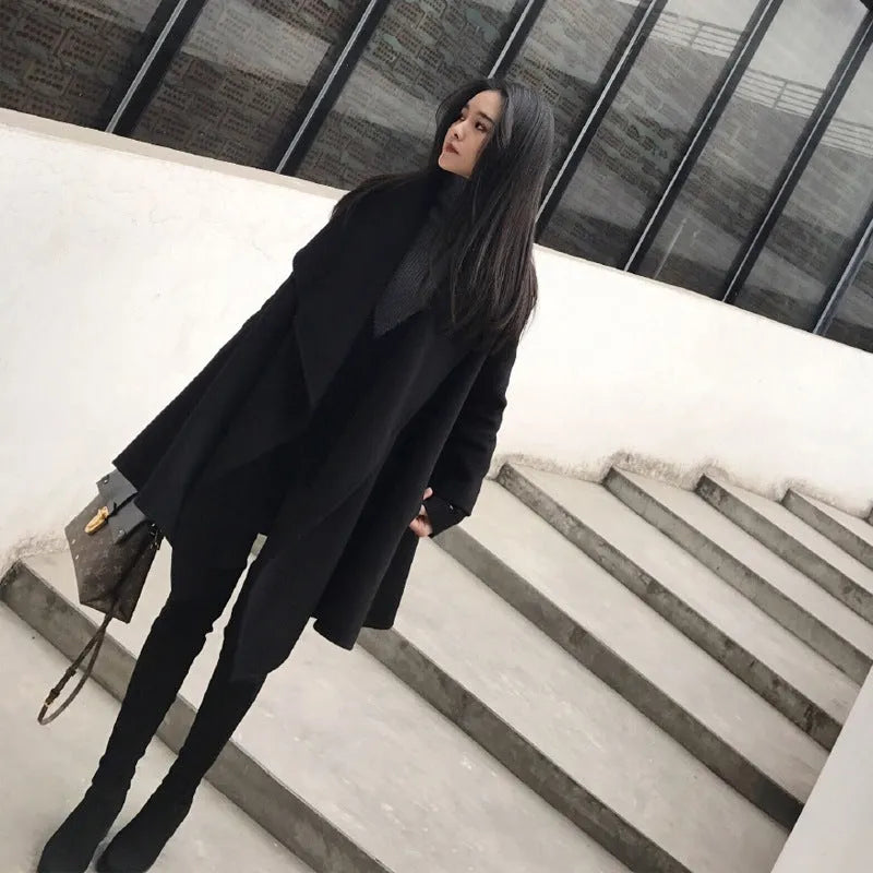 Black Medium Long Irregular Loose Cloak Woolen Coat